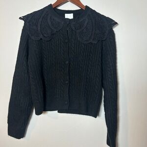 H&M Cable Knit Cardigan Womens Medium Black Lace Statement Collar Button Front